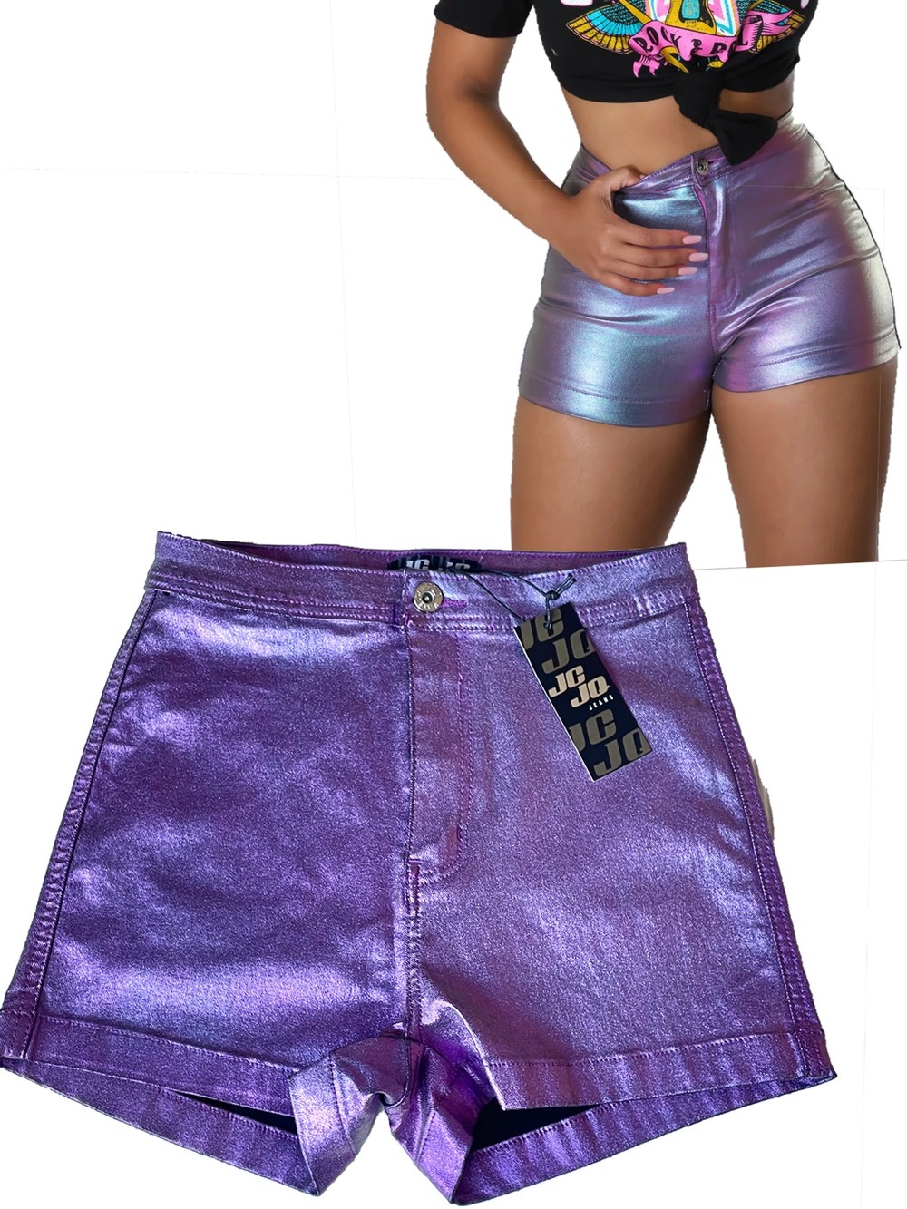 NEW Purple Metallic Disco Rave Shorts Size L High Rise Cyber Festival Shimmering
